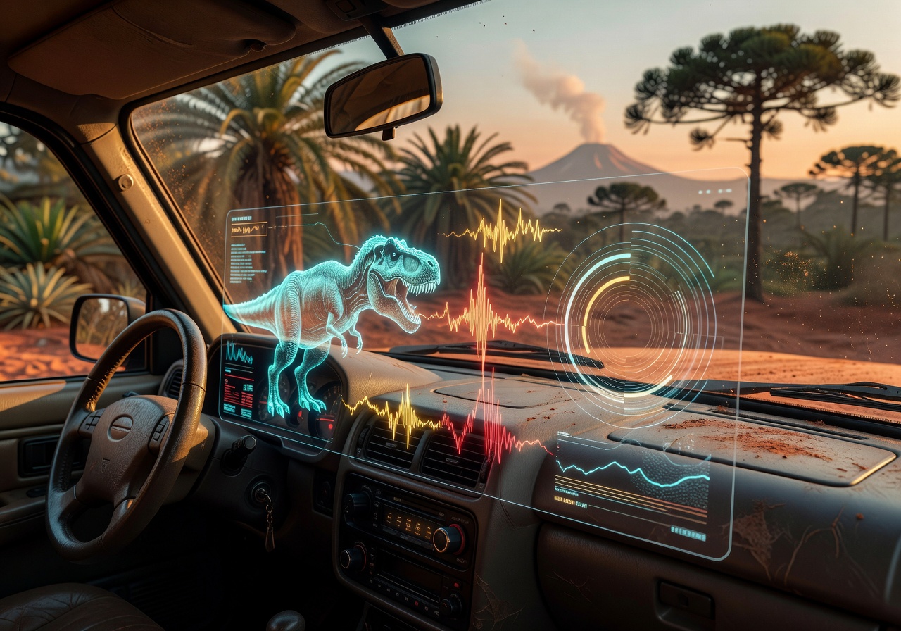 Cinematic T-Rex dashboard overlay displaying prehistoric data